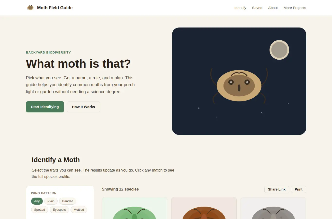 Screenshot of Moth Identification Field Guide interface showing the project page in use